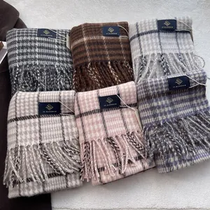Classic wool blend plaid scarf set with tassels in six elegant checkered patterns