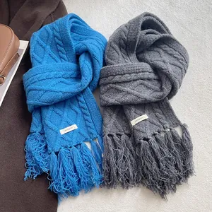 Classic cable knit 100% wool scarf with tassels for winter in navy and grey
