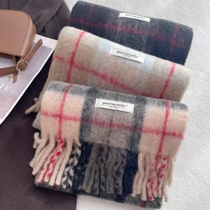 Cozy wool blend plaid scarf with thick fringe tassel in assorted autumn colors