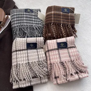 Plaid wool blend scarves in four colors with tassels and houndstooth pattern for winter