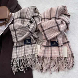 Classic wool blend plaid scarf with tassels in grey and pink for winter warmth