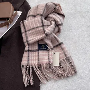 Pink and black plaid wool blend scarf with tassels styled with autumn accessories