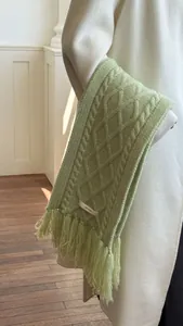 Detail of sage green 100% wool scarf featuring chunky cable knit and soft tassels
