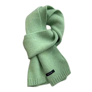 Soft mint green 100% wool knitted scarf for men and women with ribbed ends