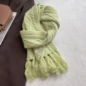Close-up of 100% wool knit scarf featuring cable patterns and soft fringe detail