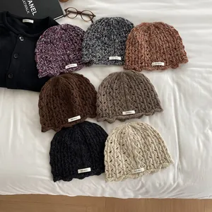 Women 100% Wool Knitted Beanie Crochet Flower Hollow Out Fisherman Hat Winter Warm Wavy Edge Mixed Color Retro Stylish Cap