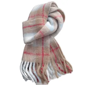 Thick wool blend plaid scarf with fringe and patch in light beige, blue and pink