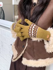 Fair Isle Strickhandschuhe in Senfgelb mit Touchscreen-Funktion und Rippbündchen