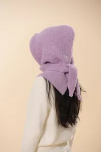 Detail of lavender knit balaclava showing soft texture and functional side drawstring