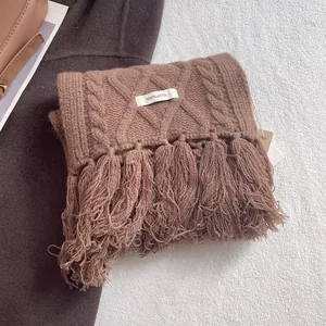 Detail of dark brown wool scarf featuring cable knit patterns and soft fringe trim