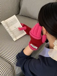 Detail of red and pink knitted fingerless gloves showing woven texture and wrist brand label