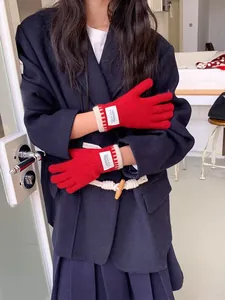 Detail of red knit gloves with contrast rib cuff and white woven tag decoration