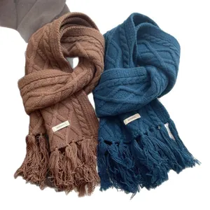 Classic 100% wool knitted scarf with twist cable patterns and fringe tassels in navy and brown