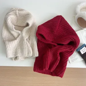 Damen Winter Warm Balaclava Mütze Gestrickt Integrierter Kapuzenschal Dick Rippstrick Halswärmer Einfarbig Winddicht Bonnet