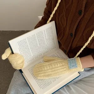 Cute beige cable knit neck-hanging mittens for women with touchscreen compatibility