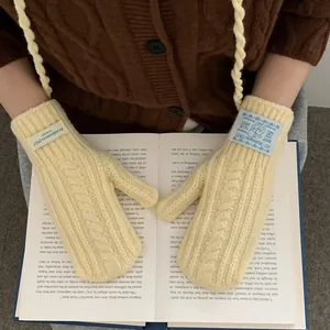 Cute cream yellow cable knit mittens with neck strap and touchscreen warm fabric