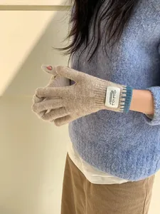 Close-up of beige knit gloves with blue ribbed cuffs and a Silent Wind cloth label