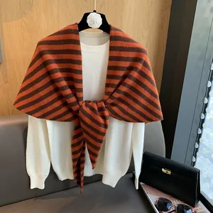 Women Pure Wool Striped Shawl Wrap Retro Korean Style Knitted Shoulder Wrap Warm Scarf For Autumn Winter Elegant Daily Accessories