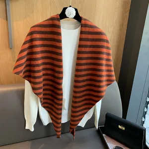 Premium 100% wool striped knit shawl in orange and brown for chic layering style