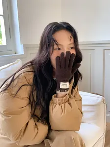 Detail of warm brown knit gloves with wrist jacquard pattern and white fabric label detail