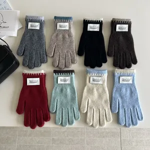 Women Winter Warm Knitted Gloves Polyester Blend Thermal Mittens Color Block Ribbed Cuff Decorative Label Solid Color Gloves