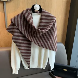 Close-up of wool stripe knit shawl with fine dark brown and beige texture details