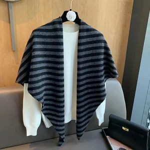 Detail view of the fine knit texture on a striped 100% wool shawl for winter outfits