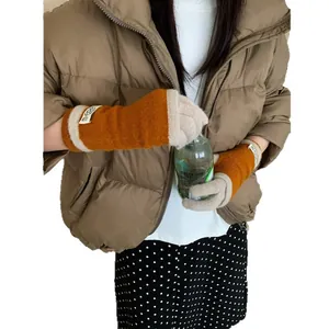 Knitted pumpkin orange and beige color block touchscreen gloves for winter styling