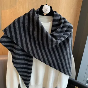 Detailed knit texture of black and grey striped pure wool shawl on a white sweater