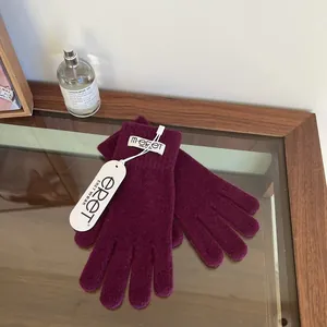 Close-up of deep purple knit gloves with soft texture and eret brand clothing tags
