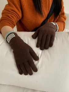 Detail of brown knitted gloves with blue ribbed cuffs and brand logo label decoration
