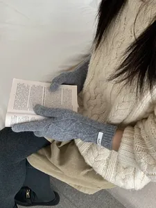 Detail of grey merino wool knit gloves with thick cable pattern and logo patch