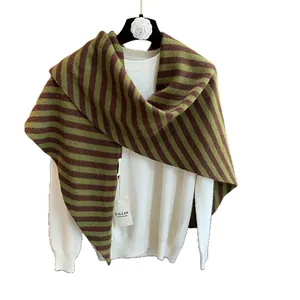 Women's pure wool striped knit shawl in green and brown color block pattern