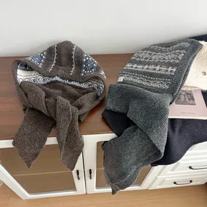 Fair Isle knit balaclava hood scarf in brown and grey wool for winter warmth