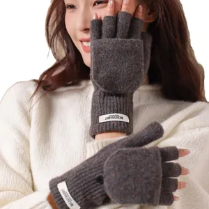 Dark gray 100% wool knit convertible flip top gloves with fingerless touchscreen design