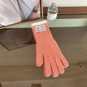Detail of coral pink knitted gloves with ribbed cuffs and white brand tag on a wooden desk