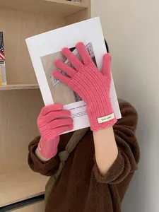 Detailed close-up of pink wool knit gloves featuring thick texture and branded fabric label