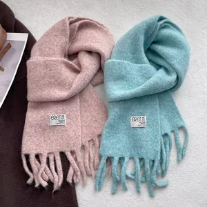 Women Winter Knit Tassel Scarf Solid Color Warm Yarn Shawl Wrap With Brand Tag Korean Style Autumn Winter Neck Warmer