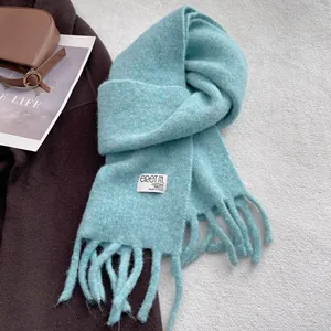 Close-up of a light blue wool scarf with long tassels and woven label on a winter coat