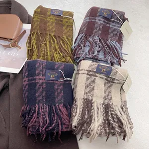 Classic festive plaid scarves with tassels and brand labels for autumn and winter warmth