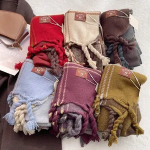 Thick plaid scarf with long tassels in multiple colors, warm cashmere-like shawl for winter