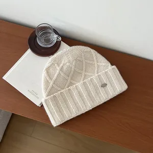 Retro cream white Australian wool knitted ear-flap beanie with diamond pattern
