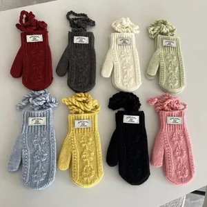 Moufles en Tricot Chaudes d'Hiver pour Femmes Avec Lanière de Cou Torsades Mélange de Laine Thermiques Gants Compatibles Écran Tactile