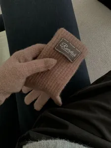 Detailed texture of brown knit gloves with a decorative woven wrist label