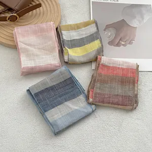 Women 100 Percent Pure Linen Narrow Striped Scarf Retro Literary Style Breathable Spring Summer Thin Neck Scarf Headband