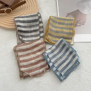 Breathable pure linen striped narrow scarf set in black, yellow, coffee and blue stripes