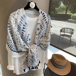 Vintage Ethnic Blue Ink Splatter Print Scarf Women Sun Protection Lightweight Cotton Polyester Blend Shawl With Tassel