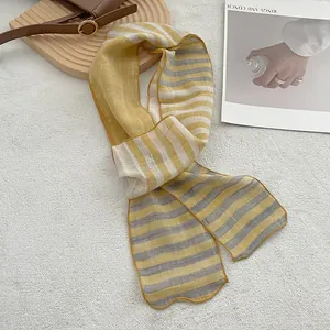 Lightweight 100% pure linen scarf with yellow and gray horizontal stripes and wavy edges