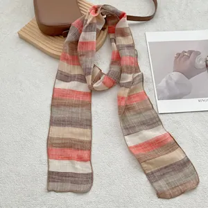 Lightweight pure linen narrow striped scarf for women with breathable texture in multi-colors