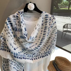 Blue abstract ink pattern scarf for women, lightweight cotton linen feel sun shawl